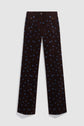 Dark brown corduroy pants with a straight leg cut, featuring a motif fleuri of small blue flowers evenly distributed across the fabric.