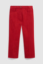 Bright red jean 7/8 with a coupe droite (straight-leg cut), featuring five pockets, belt loops, and a button closure, displayed flat on a light gray background.