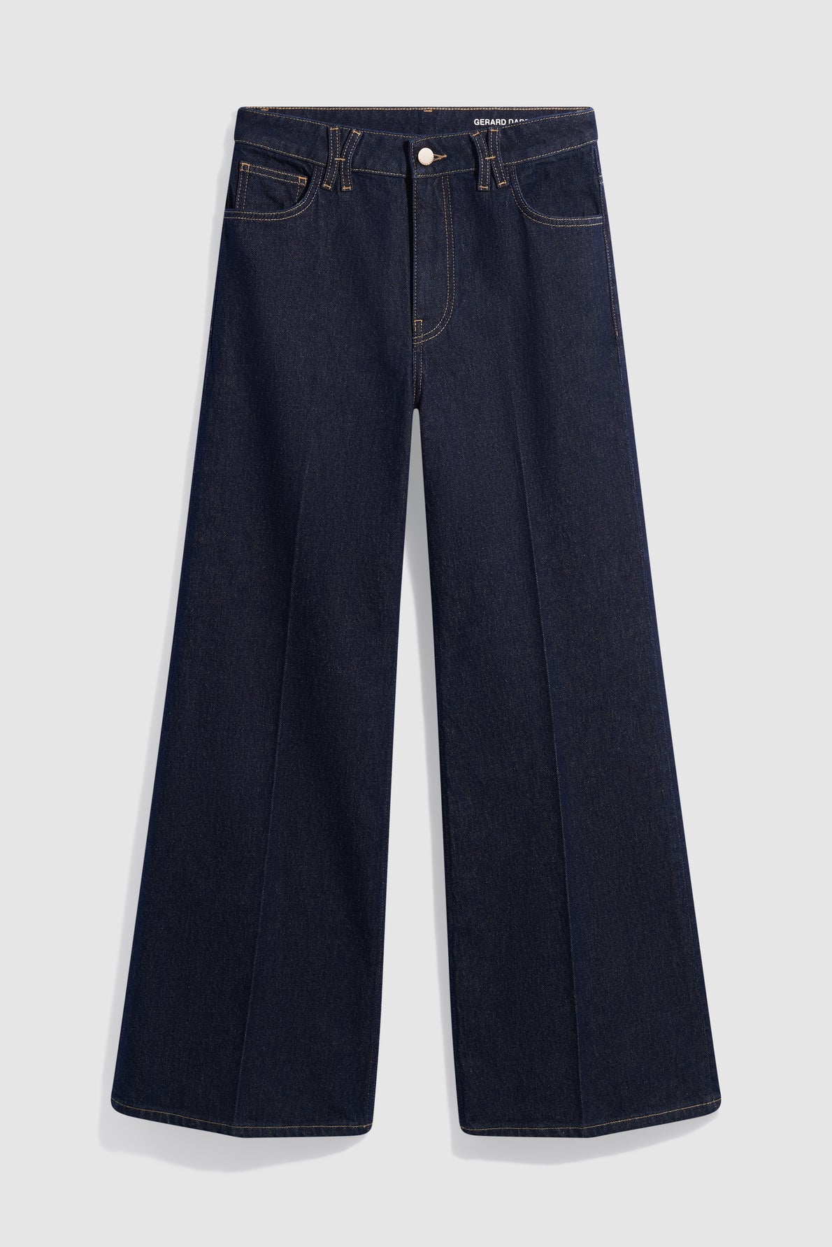 Dark blue jean brut, wide-leg jeans with a high waist and front pockets, displayed flat on a white background.
