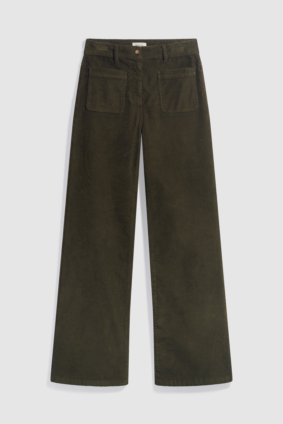 A pair of dark olive green wide-leg corduroy pants with a coupe évasée silhouette, featuring front patch pockets and a button closure, displayed on a plain white background.