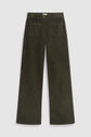A pair of dark olive green wide-leg corduroy pants with a coupe évasée silhouette, featuring front patch pockets and a button closure, displayed on a plain white background.
