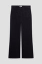 A pair of black corduroy pants with a high waist, straight leg, and front patch pockets, laid flat on a light gray background—these stylish pantalon long femme offer a chic take on classic wardrobe staples.