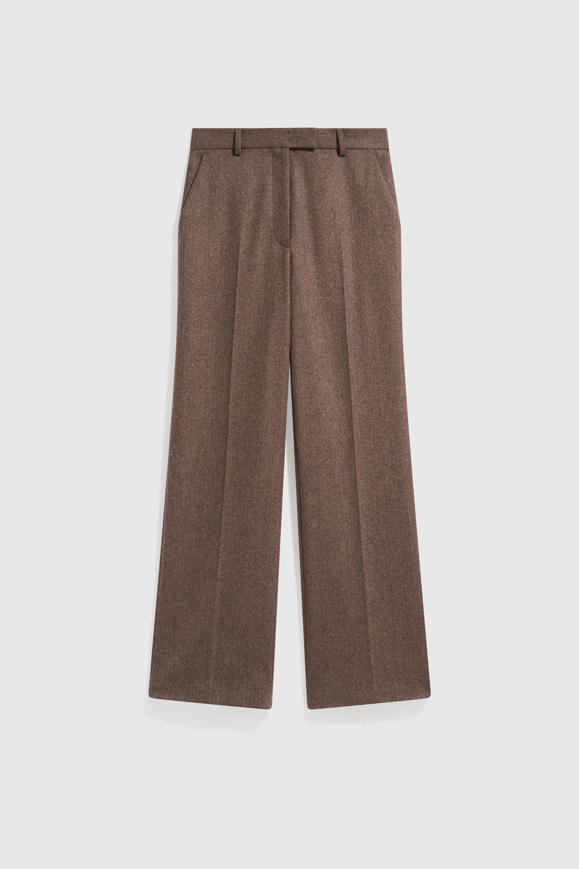 Brown tailored wool-blend pantalon de tailleur with a wide-leg cut, pressed creases, subtle chevrons, belt loops, and side pockets—perfect for achieving that look bureau chic—displayed flat on a light background.