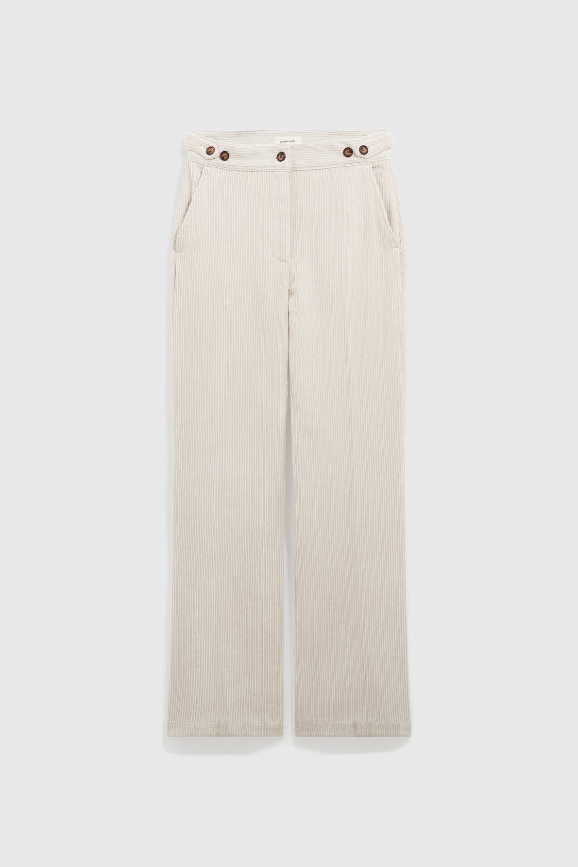 Beige corduroy pants with a straight-leg fit (coupe droite), side pockets, and four brown buttons at the waistband, displayed flat on a plain white background—a perfect choice for a casual chic look.