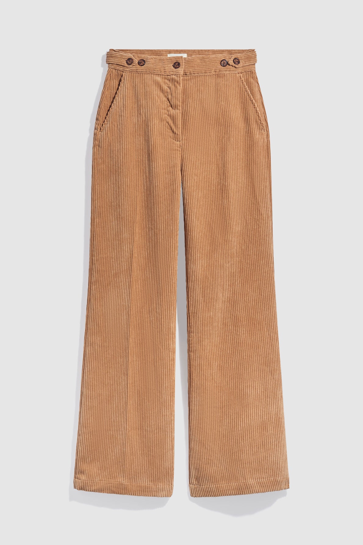 Tan corduroy wide-leg pants (pantalon velours côtelé) with front pockets and a high waist featuring button details at the waistband, displayed flat on a white background.