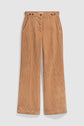 Tan corduroy wide-leg pants (pantalon velours côtelé) with front pockets and a high waist featuring button details at the waistband, displayed flat on a white background.