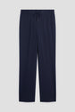 Navy blue drawstring pants with an elastic waistband, straight legs, and side pockets, laid flat on a plain light gray background—a pantalon droit that perfectly blends casual chic style and comfort.