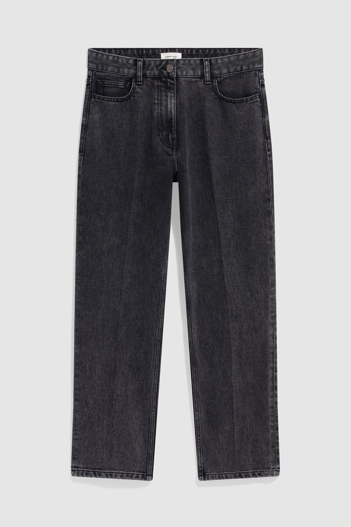 A pair of jean droit, high-waisted black jeans in denim anthracite, featuring a button and zipper closure, modèle cinq poches with front and back pockets, and subtle fading along the legs.