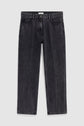 A pair of jean droit, high-waisted black jeans in denim anthracite, featuring a button and zipper closure, modèle cinq poches with front and back pockets, and subtle fading along the legs.
