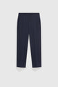 Navy blue dress pants with a straight-leg cut, front pleats, and side pockets, displayed flat against a plain white background—this pantalon tailleur femme offers timeless style with a modern fit.