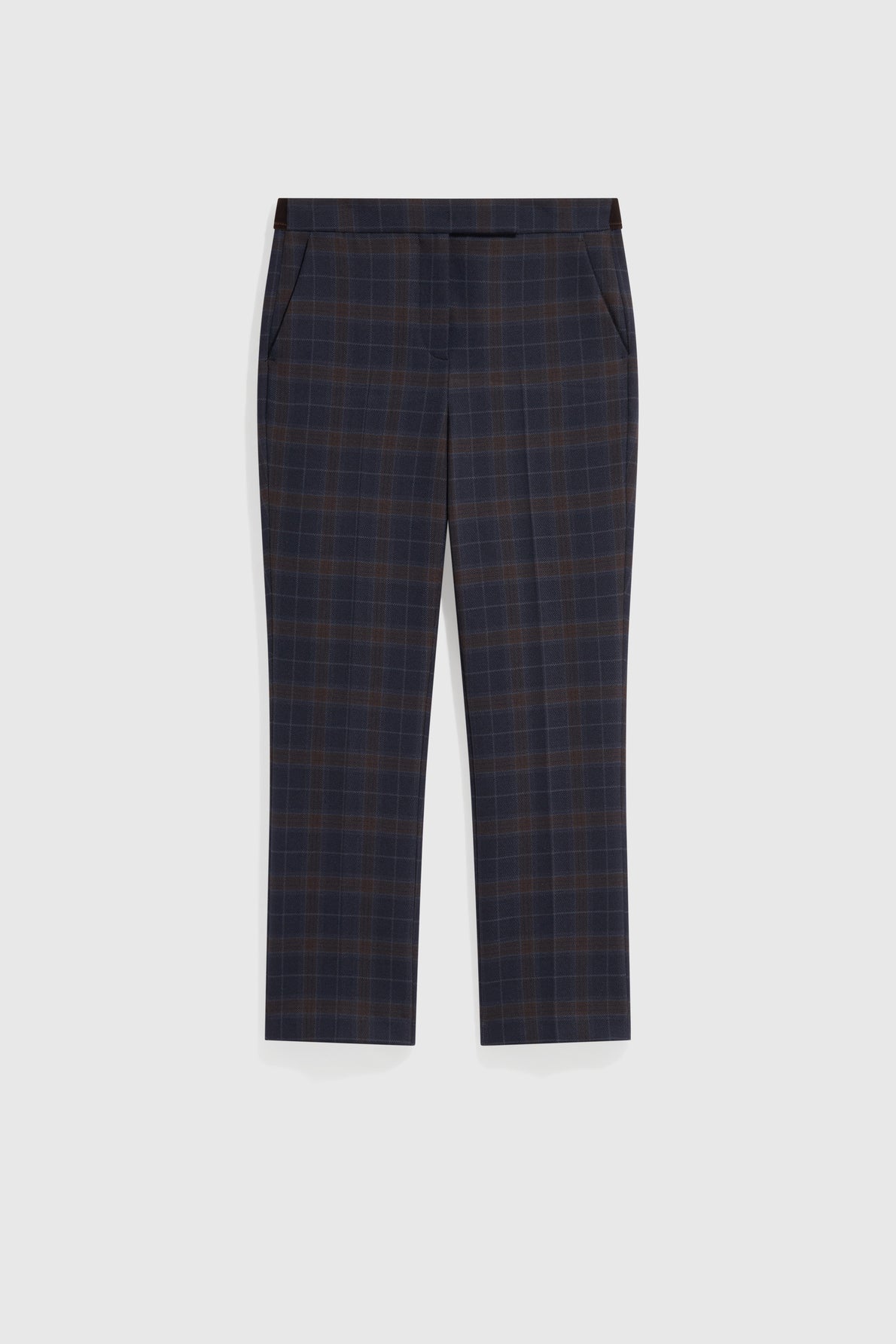 A pair of pantalon de tailleur coupe droite featuring a bleu marine à carreaux and brown plaid pattern, side pockets, and no visible cuffs, displayed against a plain white background.