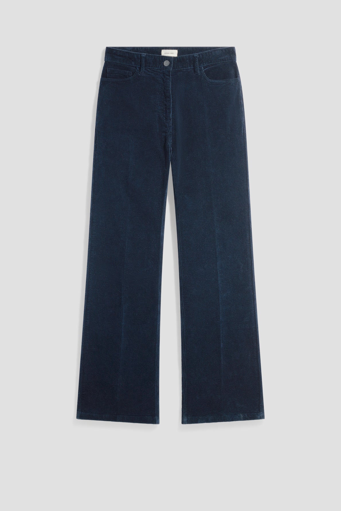 A pair of bleu marine velours côtelé pants with a wide-leg cut, front pockets, and a button closure, displayed on a plain white background.
