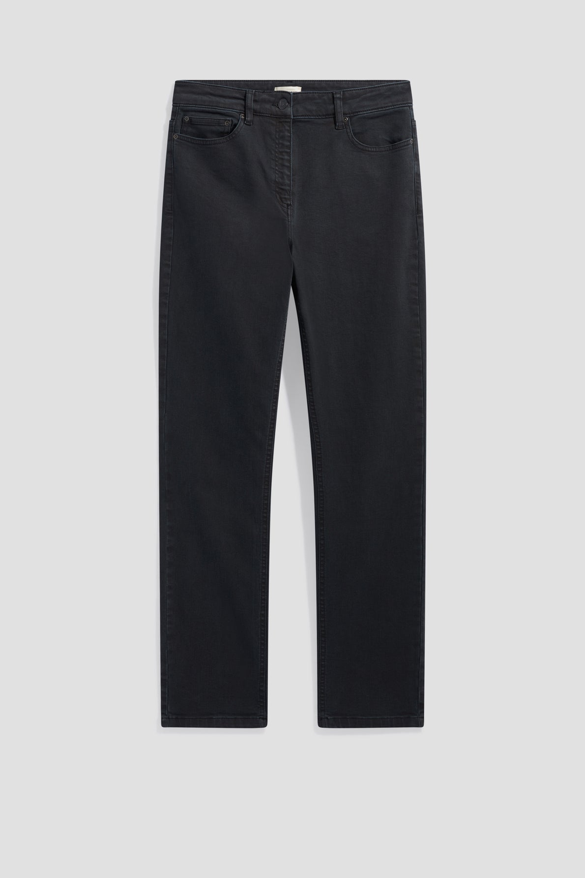A pair of straight-leg, dark wash jeans is displayed flat on a light gray background. Featuring a coupe slim silhouette and crafted from comfortable jean stretch fabric, these jeans have front and back pockets, belt loops, and a button closure.