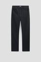 A pair of straight-leg, dark wash jeans is displayed flat on a light gray background. Featuring a coupe slim silhouette and crafted from comfortable jean stretch fabric, these jeans have front and back pockets, belt loops, and a button closure.