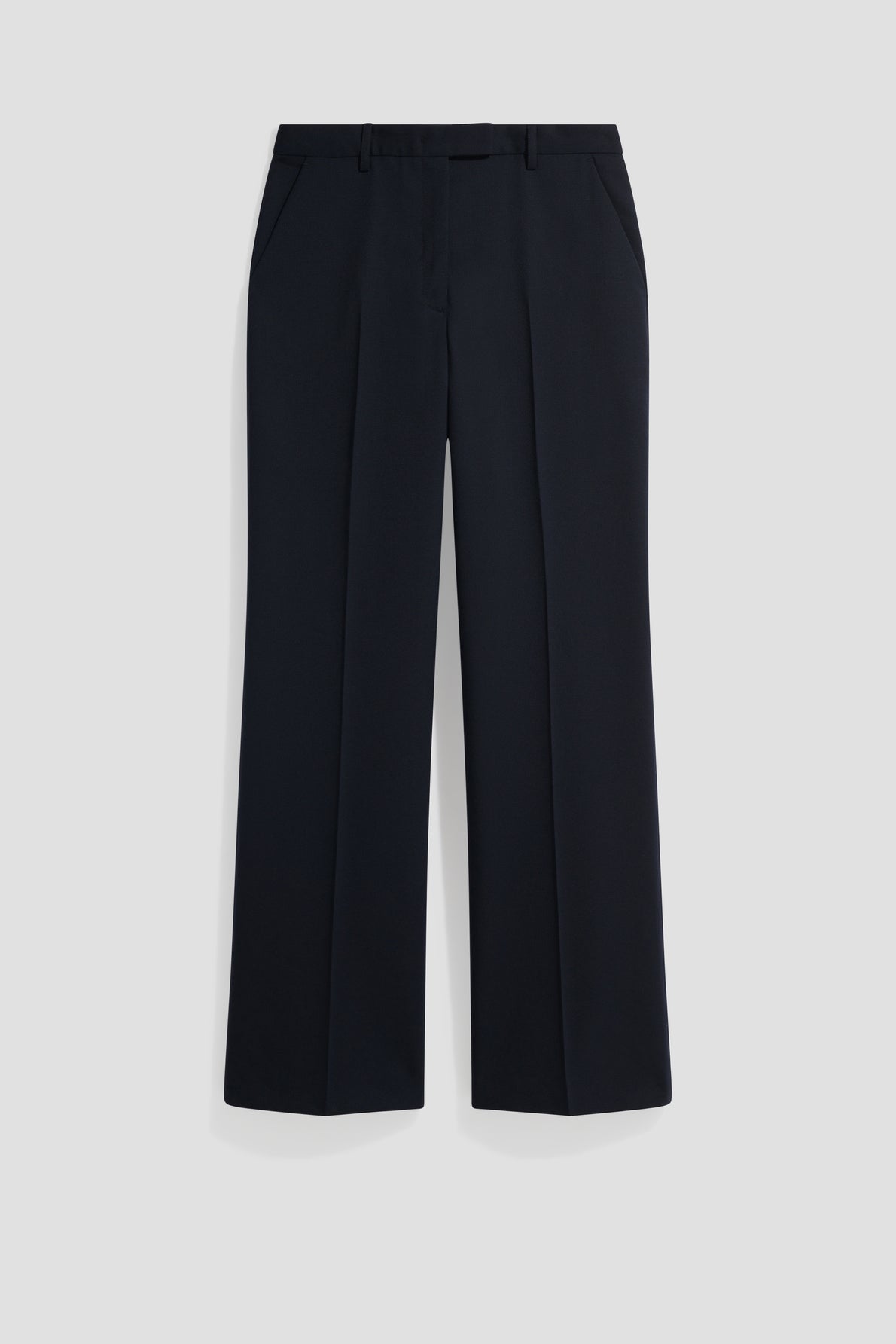 A pair of black wide-leg dress pants, reminiscent of a chic pantalon tailleur femme, featuring side pockets and belt loops, displayed against a plain light grey background.