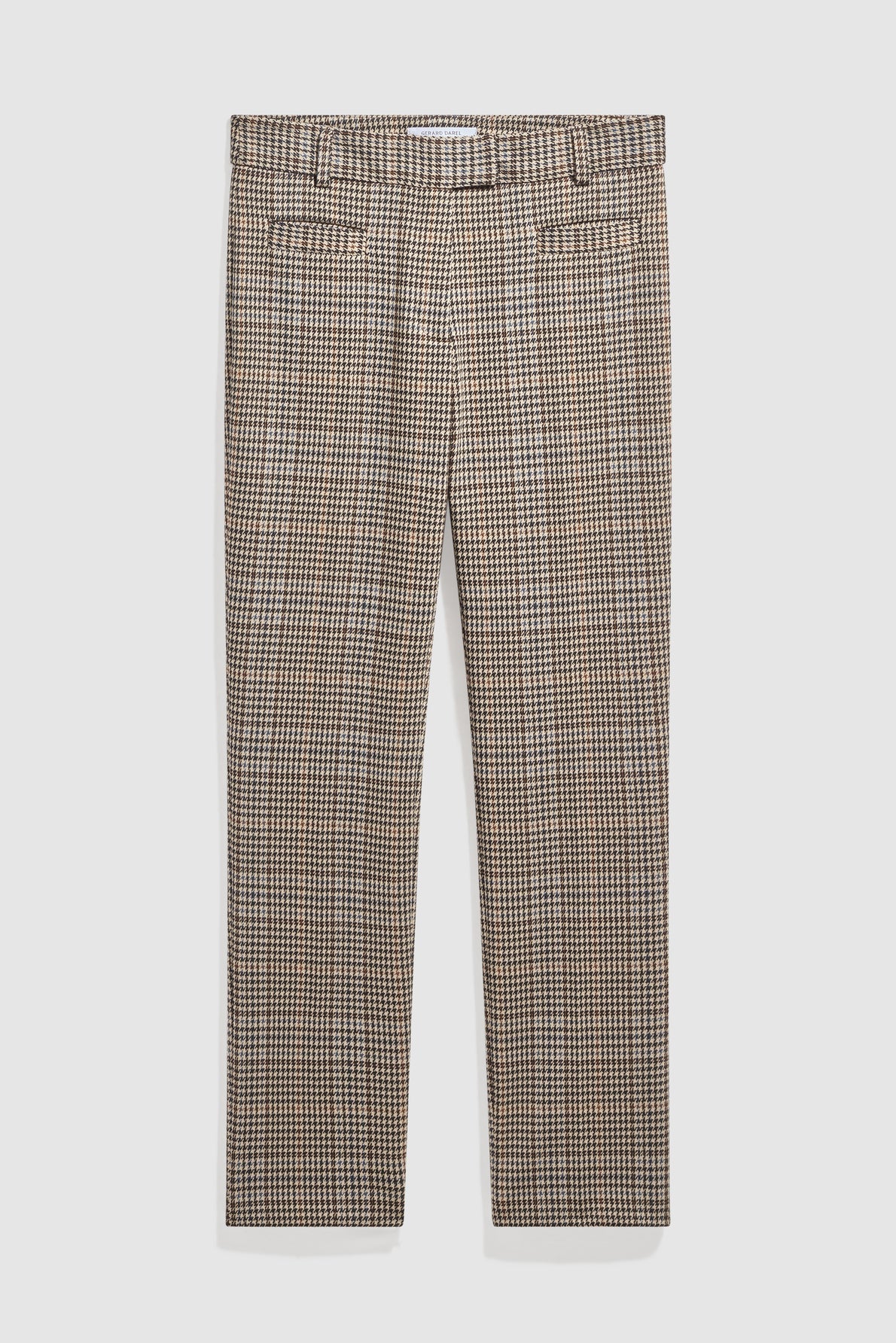 A pair of straight-leg trousers with a beige, black, and white motif pied-de-poule pattern, featuring belt loops and two back pockets, laid flat on a white background.