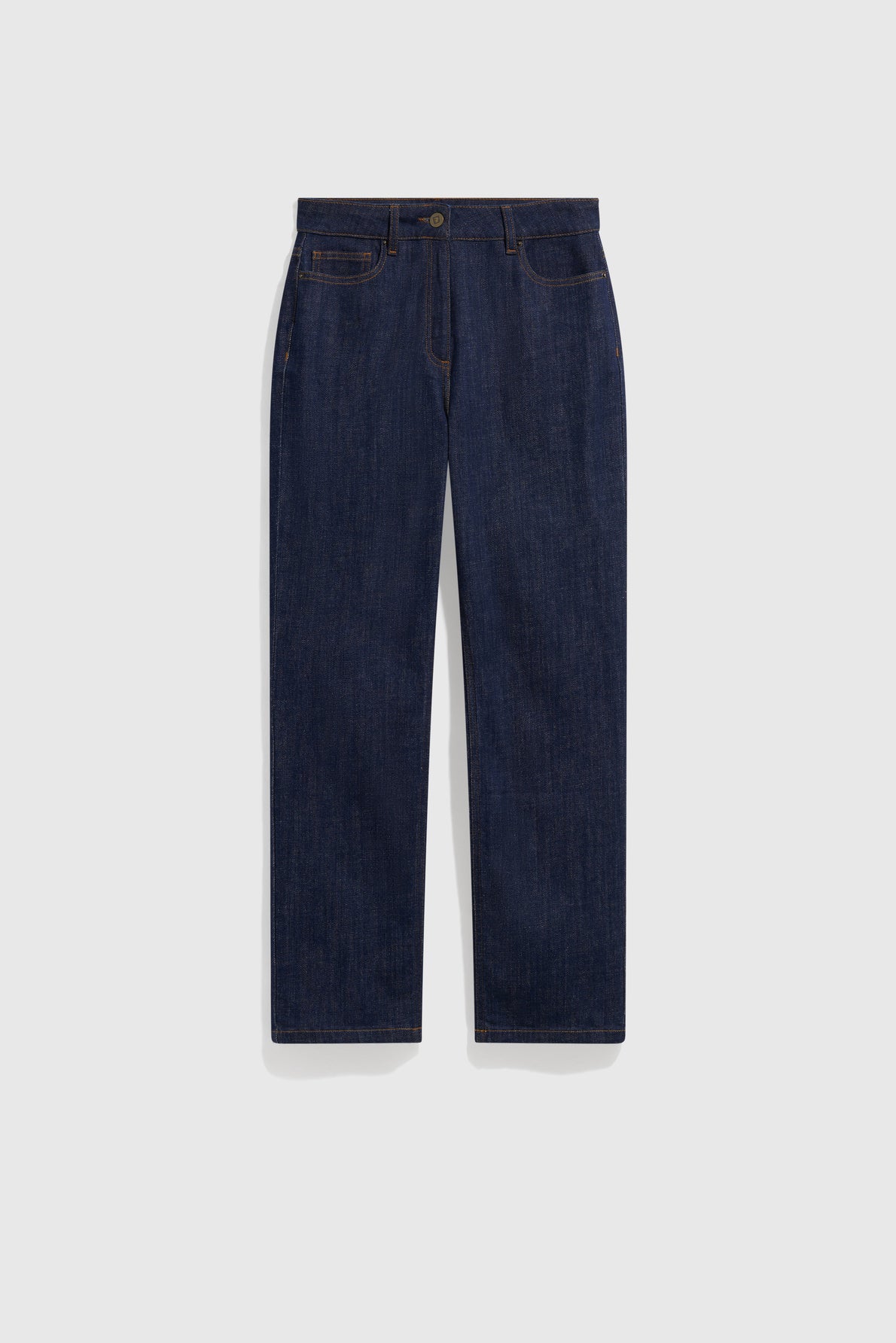 A pair of dark blue jean droit, featuring a classic five-pocket design, button closure, and no visible branding, displayed against a plain white background.