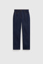 A pair of dark blue jean droit, featuring a classic five-pocket design, button closure, and no visible branding, displayed against a plain white background.