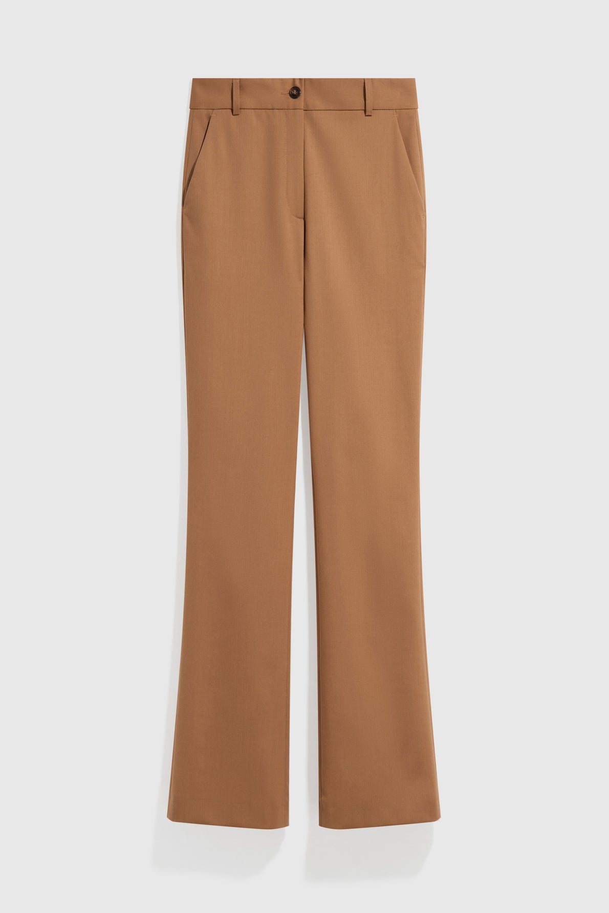Brown pantalon flare dress pants with a slight flare at the bottom, front pockets, belt loops, and a button closure, displayed on a plain white background.