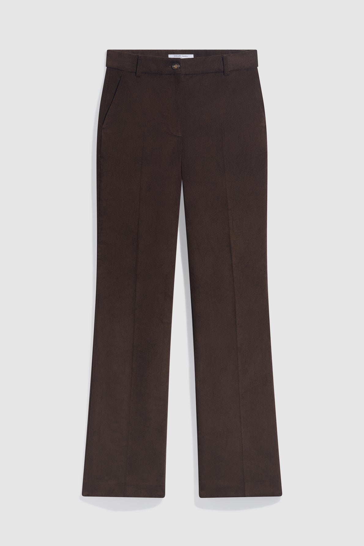 A pair of brown, straight-leg dress pants with a button and zip closure, front pockets, and belt loops, laid flat on a white background. Inspired by the timeless style of pantalon vintage femme, these versatile trousers combine classic tailoring with everyday comfort.