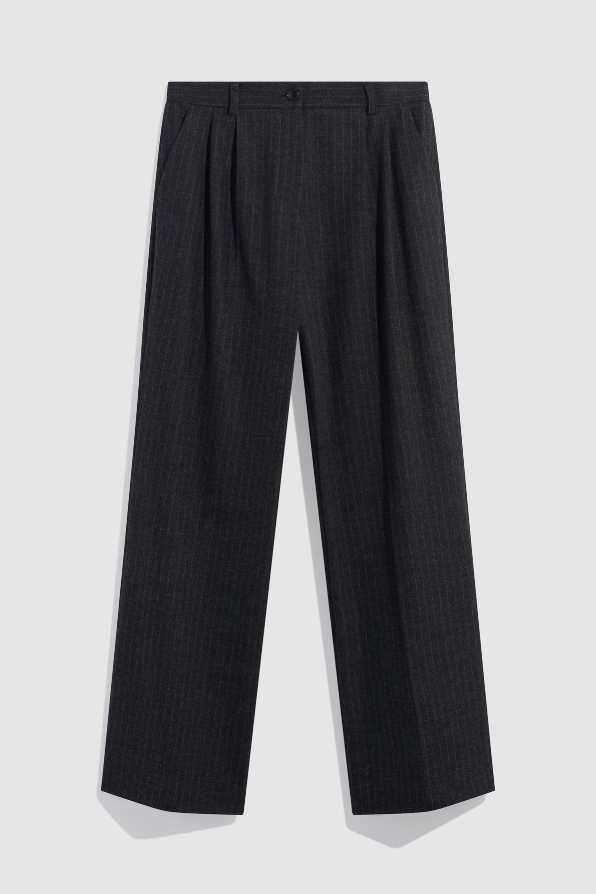 Wide-leg black pinstripe trousers with a pleated front (pantalon à pinces), belt loops, and a button closure, laid flat on a light gray background.