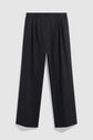 Wide-leg black pinstripe trousers with a pleated front (pantalon à pinces), belt loops, and a button closure, laid flat on a light gray background.