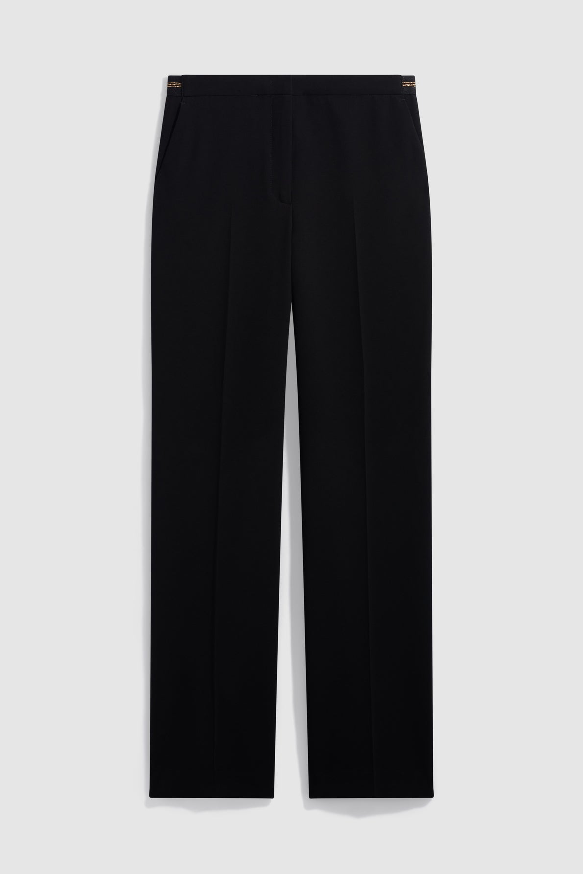 A pair of black, high-waisted pantalon noir femme with a straight-leg cut, pressed center creases, and side pockets, displayed against a plain light-gray background.