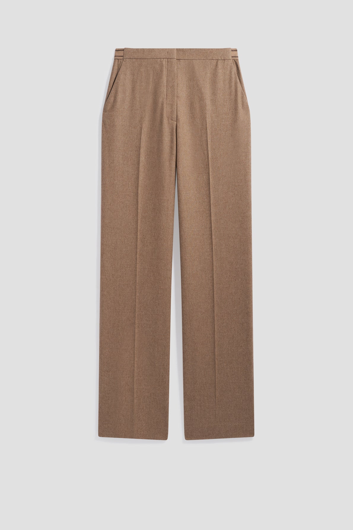 A pair of brown, high-waisted, straight-leg dress pants in flanelle beige with side pockets, tailored seams, and a flat front, displayed against a plain white background. These pantalon de tailleur offer a classic coupe droite for an effortlessly elegant look.