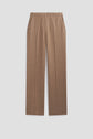 A pair of brown, high-waisted, straight-leg dress pants in flanelle beige with side pockets, tailored seams, and a flat front, displayed against a plain white background. These pantalon de tailleur offer a classic coupe droite for an effortlessly elegant look.