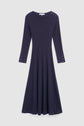 A long-sleeved, bleu marine maille côtelée dress with a flared skirt, button details on one shoulder, and buttons at the cuffs, displayed on a plain white background.