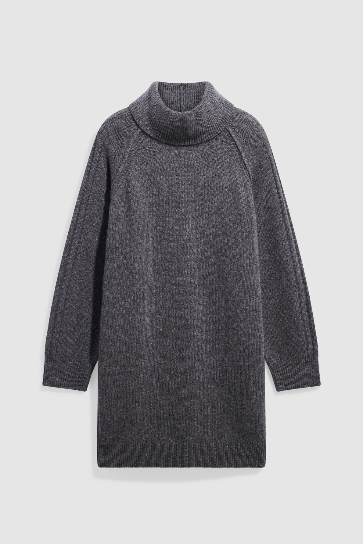 A long-sleeve, dark gray robe en laine turtleneck sweater dress is laid flat on a plain white background.