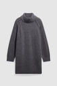 A long-sleeve, dark gray robe en laine turtleneck sweater dress is laid flat on a plain white background.