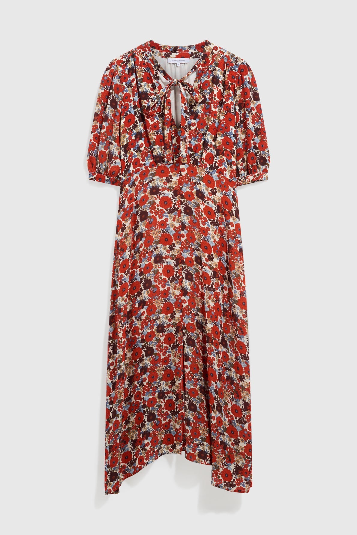 A red floral robe midi with short puff sleeves, a V-neckline featuring a tie detail, and a relaxed fit. This robe femme showcases an allover pattern of red, white, and brown flowers for a charming yet effortless look.