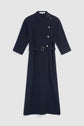 Navy blue crêpe uni midi dress with a col montant, elbow-length sleeves, side buttons on the shoulder and chest, and a belted waist. The robe midi is displayed on a plain white background.