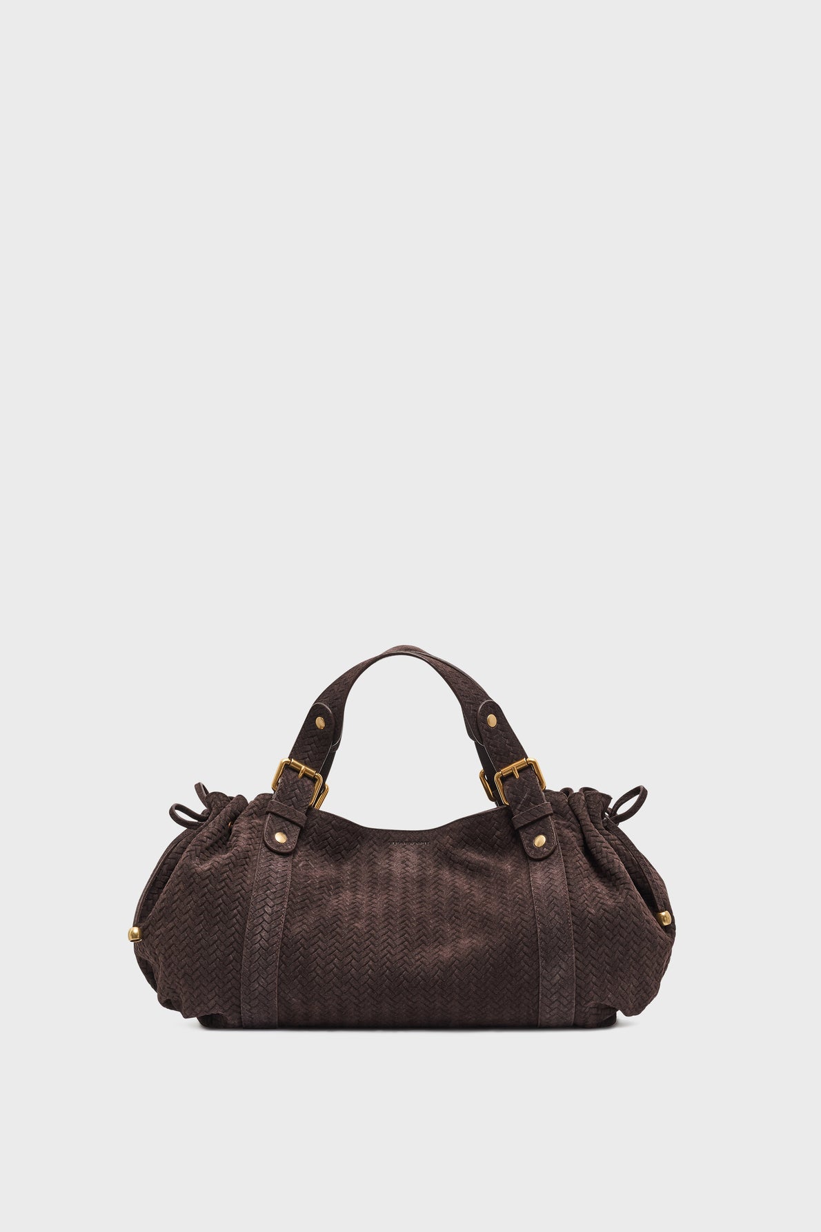 A dark brown, textured sac à main in cuir velours tressé with gold hardware, short handles, and ruched sides, displayed on a plain white background.
