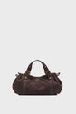 A dark brown, textured sac à main in cuir velours tressé with gold hardware, short handles, and ruched sides, displayed on a plain white background.
