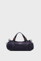 A dark navy suede sac à main with short handles, side bows, gold hardware, and a small metallic logo on the front. The bag is displayed against a plain white background.
