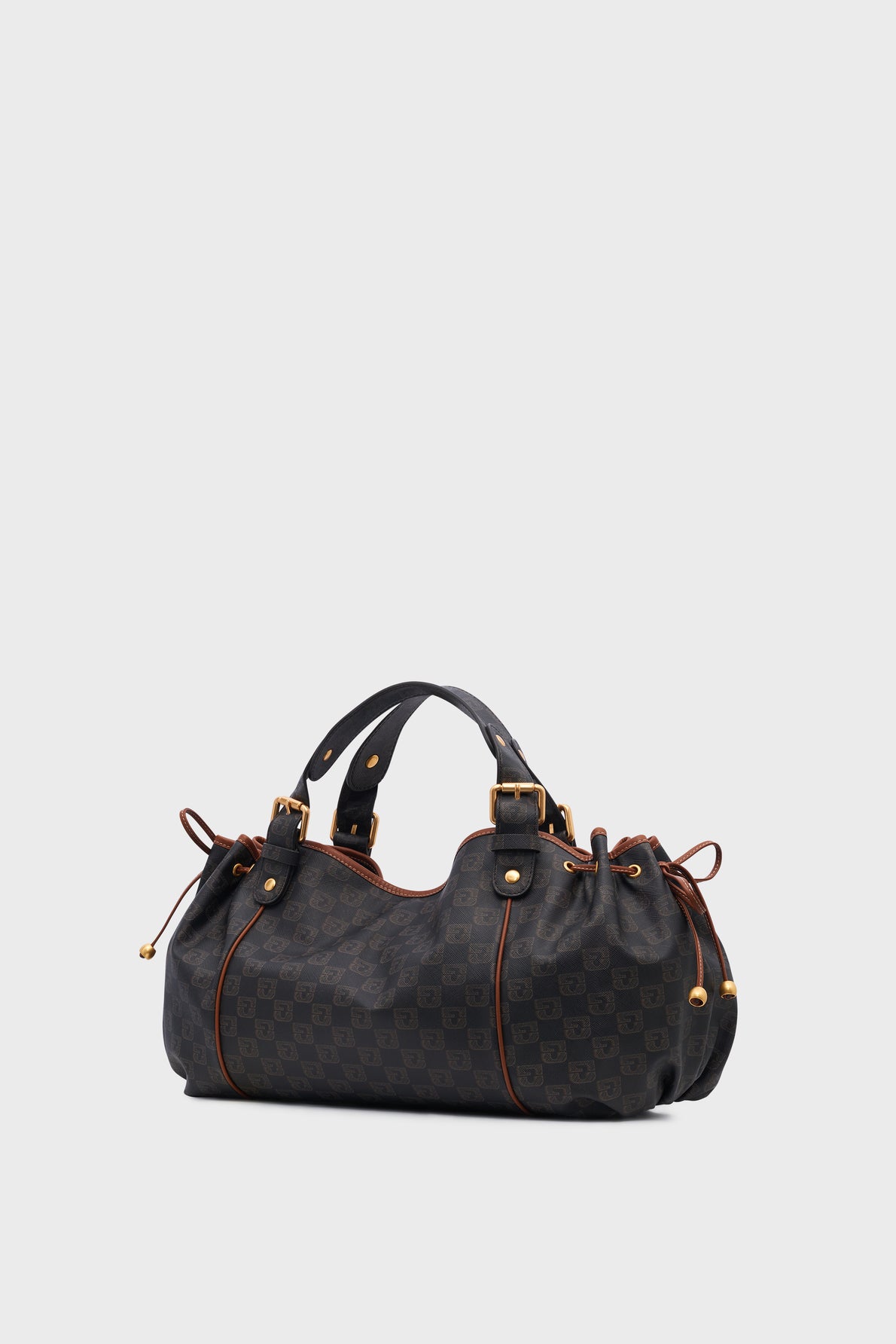 A brown checkered designer sac à main with gold accents, double handles, and side drawstring details, inspired by the iconic maroquinerie Darel style, set against a plain light gray background.