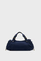 A navy blue cuir velours sac à main with gold hardware, short handles, and side drawstring details, displayed against a plain light gray background.
