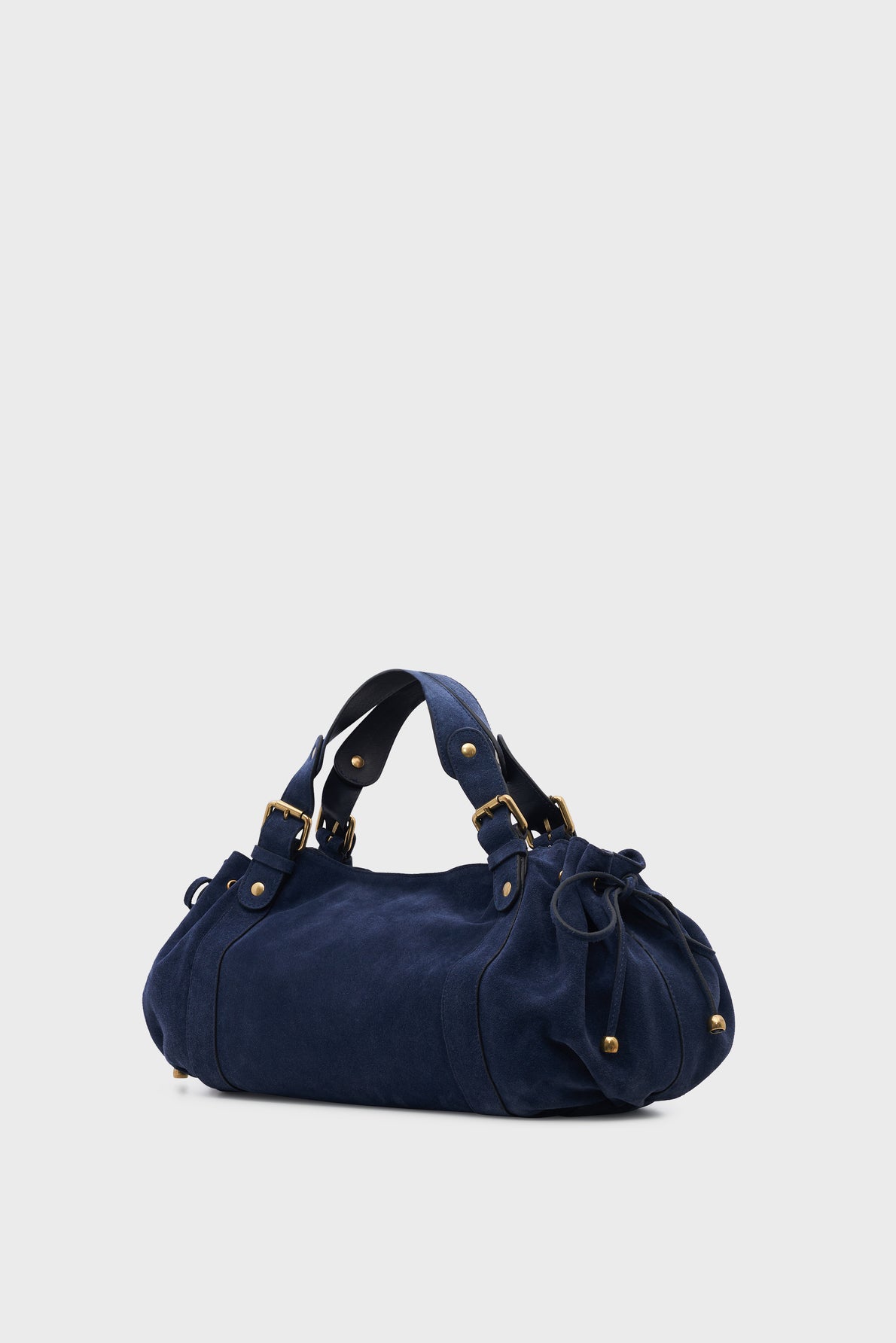 A navy blue cuir velours sac à main with gold-tone hardware, double handles, and a gathered side detail, displayed against a plain light gray background.