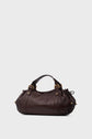 A dark brown sac à main cuir by Vanessa Bruno, featuring gold hardware, double handles, and knotted side details, displayed against a light gray background—a perfect sac 24H for everyday elegance.
