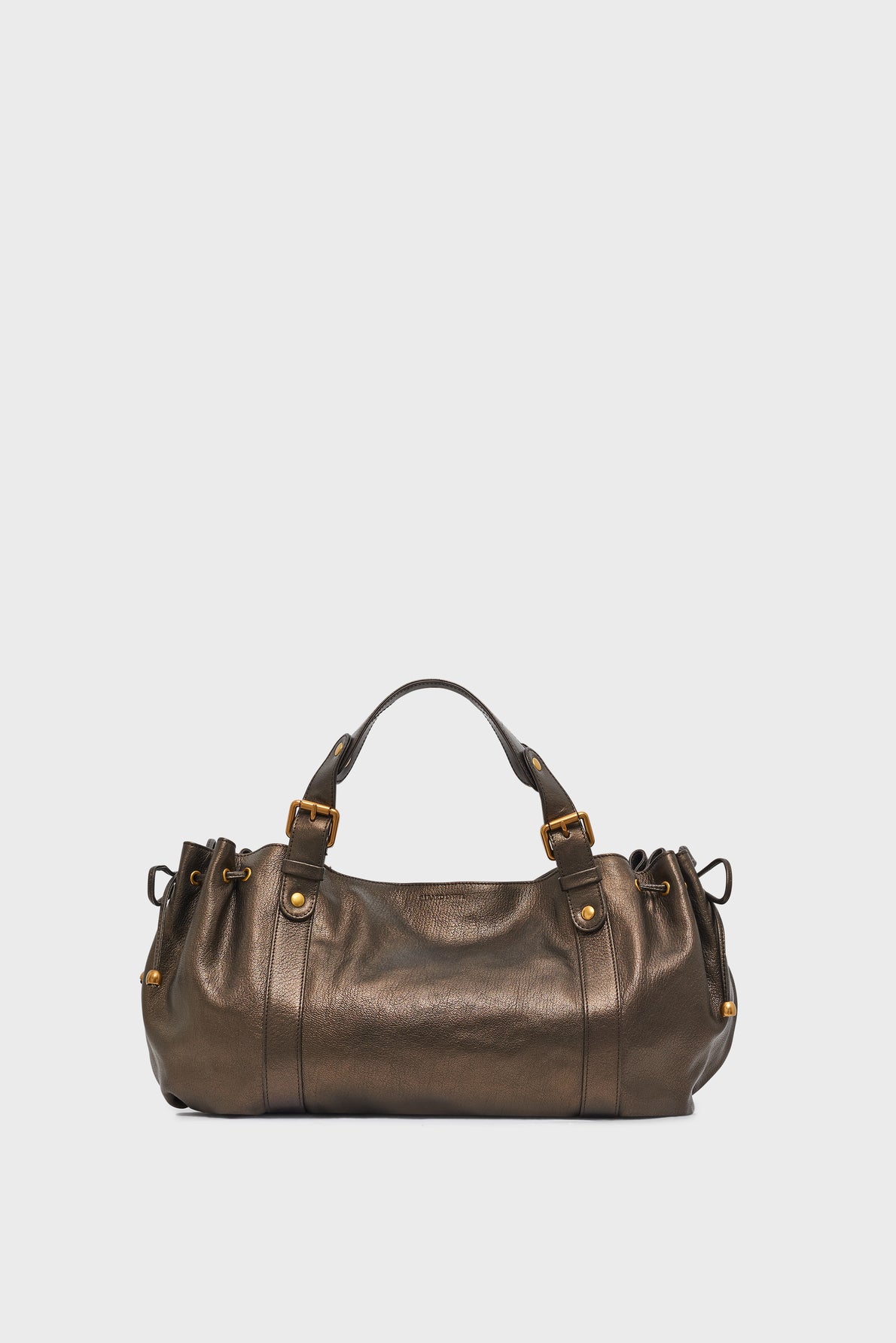 A dark brown sac à main in soft, slouchy leather with gold hardware and two handles, this piece showcases the timeless elegance of maroquinerie Darel. Crafted from luxurious cuir de chèvre métallisé, it is displayed against a plain white background.