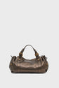 A dark brown sac à main in leather with two short handles, gold hardware, and drawstring details on the sides, this piece exemplifies the elegance of maroquinerie Darel. Crafted from premium cuir de chèvre métallisé, it stands out beautifully against a plain light background.