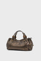 A metallic bronze leather sac à main with short handles, gold-tone hardware, and side drawstring details crafted from cuir de chèvre métallisé, set against a plain white background, exemplifying the elegance of maroquinerie Darel.