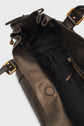 Open brown leather sac à main with gold hardware, showcasing classic maroquinerie Darel elegance. The spacious black fabric-lined interior features a zippered side pocket and a magnetic snap closure. The bag’s top is slightly folded outward, revealing its roomy design.