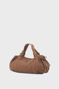 Brown sac à main with gold hardware, featuring double handles and ruched sides in luxurious GD Canvas toile bicolore, displayed against a plain white background.