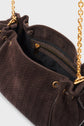 A close-up of an open dark brown cuir velours tressé woven handbag with gold chain straps and a zippered inner pocket lined in black fabric.