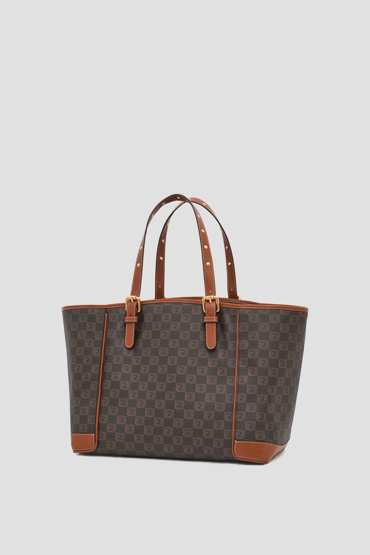 A brown designer tote bag with a checkerboard pattern, gold buckle accents, and two handles. Reminiscent of a classic cabas Paris, this sac à main monogrammé features leather trim on the corners and straps for added elegance.