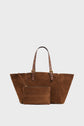 Brown suede cabas cuir tote bag with adjustable leather handles, paired with a matching zippered pouch. Both items feature simple, elegant design details and gold-tone hardware, displayed against a plain white background—a refined sac femme ideal for effortless style.