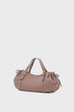 Gerard Darel taupe leather sac à main with gold hardware, two short handles, and gathered side details, crafted from luxurious cuir grainé and placed against a plain white background.